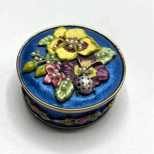 Rucinni Enamel Trinket Box with Flowers, Pearls & Ladybug
